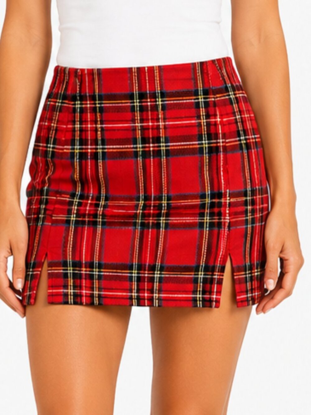 Red Plaid Mini Skirt Women’s XS Punk Preppy Tartan Side Slit